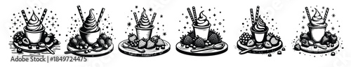 Six black and white illustrations of soft serve ice cream with strawberries and blueberries