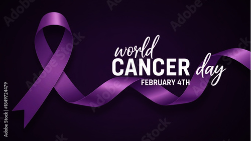 Purple ribbon for World Cancer Day on February 4th with the text World Cancer Day