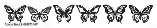 six black silhouette butterflies with intricate wing 