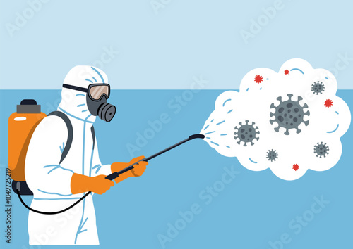 Man in hazmat suit and mask spraying disinfectant to antiviral eliminate, coronavirus pathogen. Concept of sanitation and germ control.
