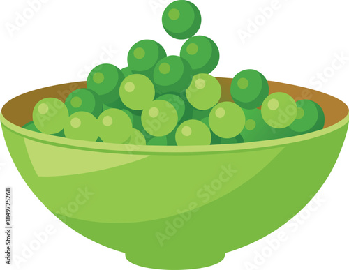 Simple cartoon illustration of a bright green bowl overflowing with fresh garden peas on a white background
