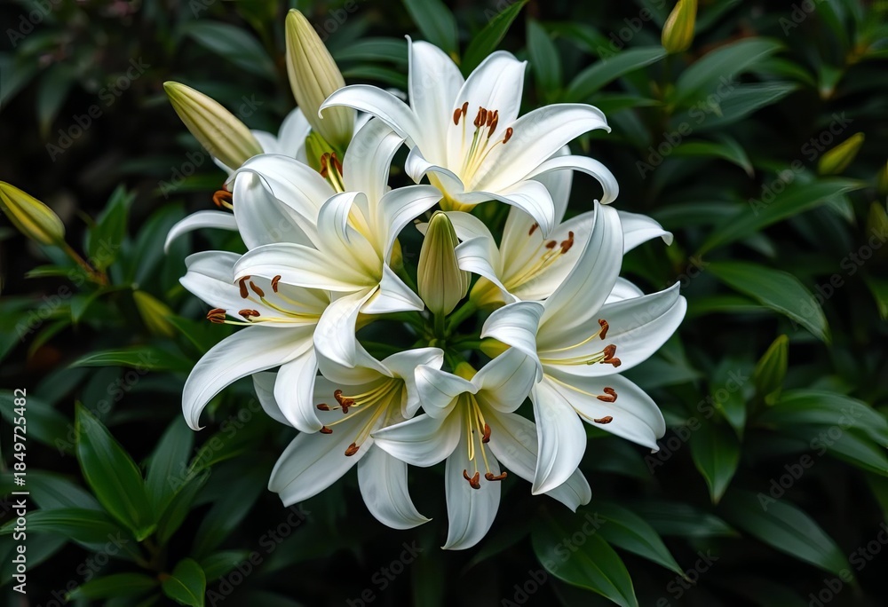 Fototapeta premium Elegant cluster of pristine white lilies, lush green foliage, still life, closeup
