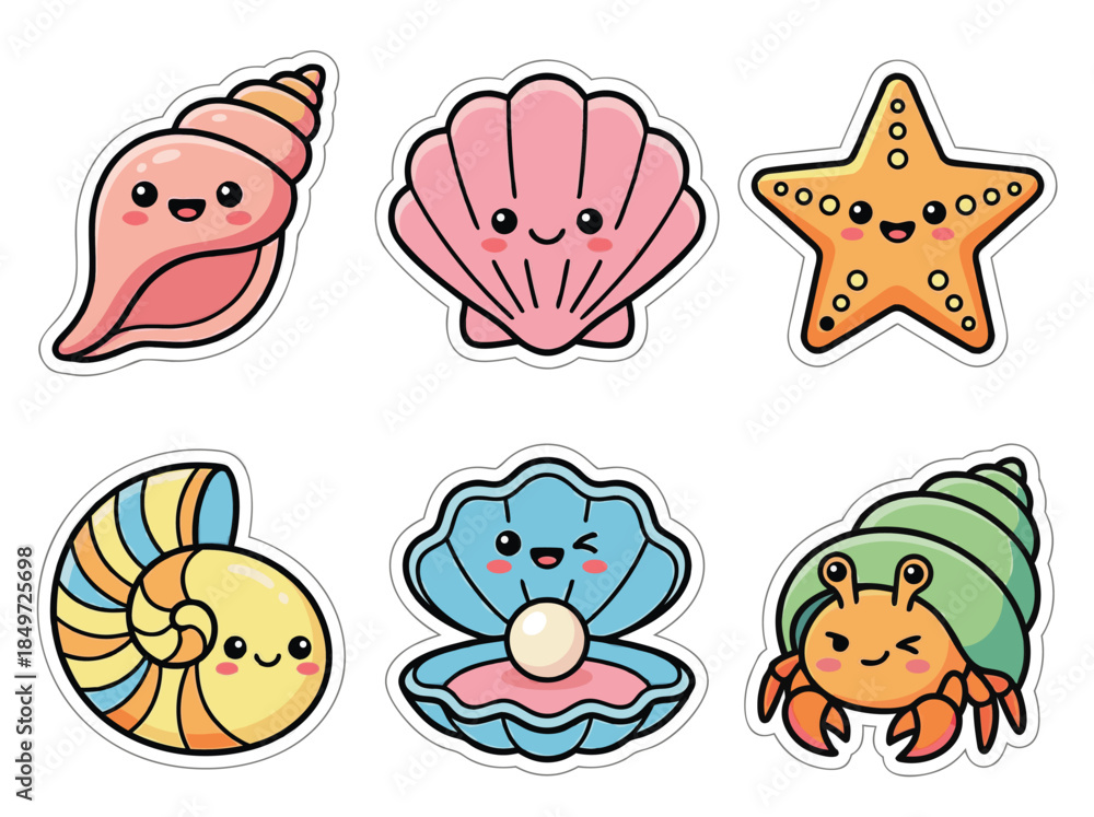 Fototapeta premium Cute Cartoon Sea Creatures and Shells Sticker Set.