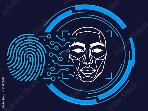 A dynamic layered identity scan graphic featuring a fingerprint and face, overlaid with circuit board elements. Modern, digital, and visually striking ? perfect for tech and security themes.