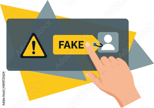 A digital warning icon with a hand interacting, highlighting 'FAKE'.  Clear noise alert. Modern, graphic design. Suitable for online security concepts.