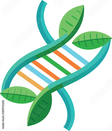 Abstract representation of genetic code intertwined with vibrant green leaves symbolizing biotechnology and nature