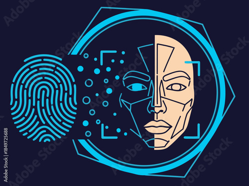 A layered identity scan graphic featuring a divided face and fingerprint. Modern, digital, and visually striking. Ideal for tech, security, and innovation themes.