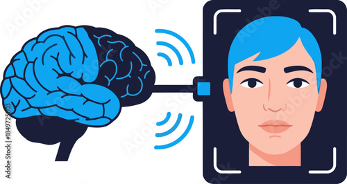 A stylized graphic depicts a brain scanning a person's face with neural network technology. Modern, digital illustration. Focus on identity verification.