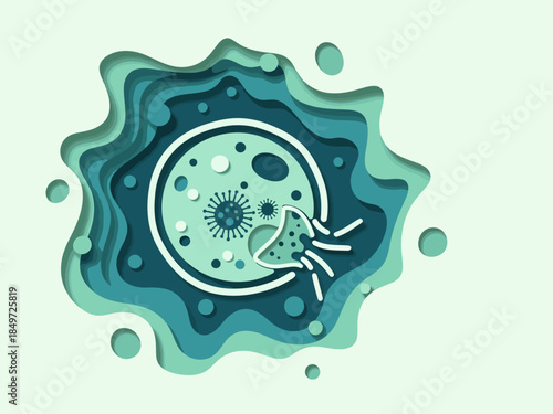 stylized paper cut illustration depicts the body's natural defense system battling a virus Vibrant teal and green layers create a dynamic modern aesthetic