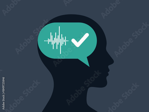 A stylized silhouette of a head with a speech bubble containing a sound wave and checkmark, symbolizing reason and logic. Modern, minimalist design.