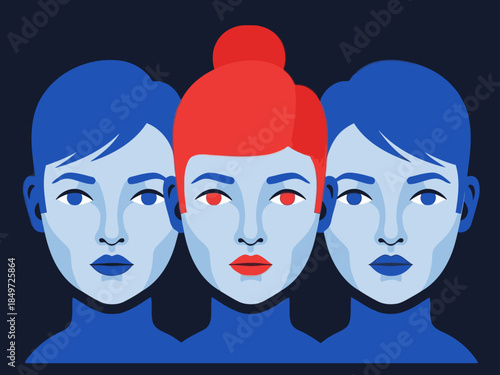 Three stylized female faces display digital fraud warning. Bold colors and graphic design create a striking visual alert. Perfect for cybersecurity and awareness campaigns.
