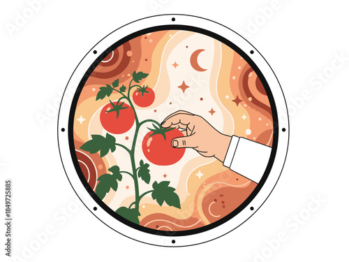 A vibrant circular illustration depicts a hand harvesting a ripe tomato from a plant under a moonlit sky. Retro, dreamy style. Perfect for lifestyle and wellness themes.