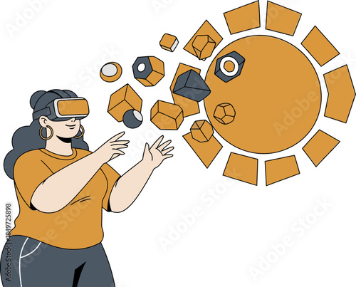 A woman explores a virtual space with building blocks, wearing a VR headset and gesturing. Create your space!