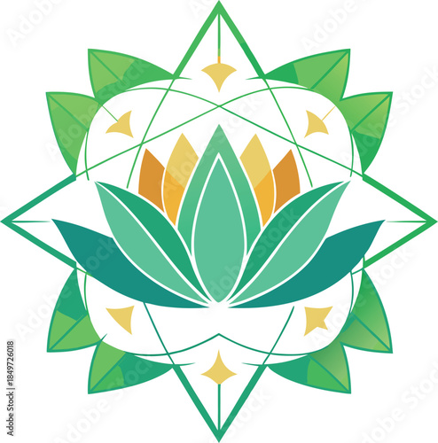 Stylized geometric lotus flower emblem design with green leaves representing nature and spiritual growth