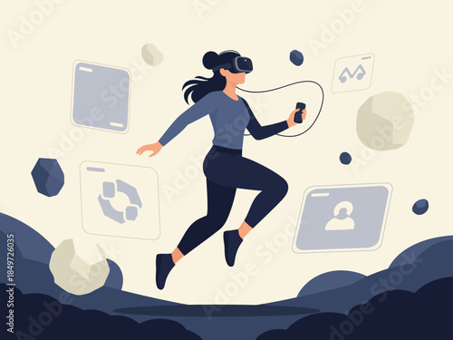 A woman wearing a VR headset leaps forward, surrounded by floating digital icons. Modern, dynamic, and focused on purpose. Great for tech and innovation visuals.
