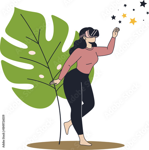 A woman wearing VR goggles reaches for a falling star, surrounded by a large leaf. A modern, dreamy illustration promoting personal growth and virtual experiences. Reach your peak!