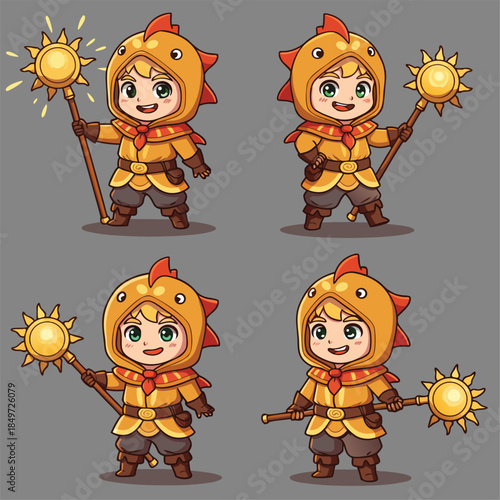 Cute Chibi Warrior Character with Sun Staff.
