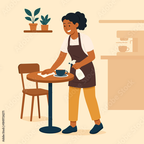 Smiling woman wiping cafe table with cloth and spray bottle. Daily cleaning routine in small coffee shop interior. Flat vector illustration for service, hygiene, and hospitality concepts.