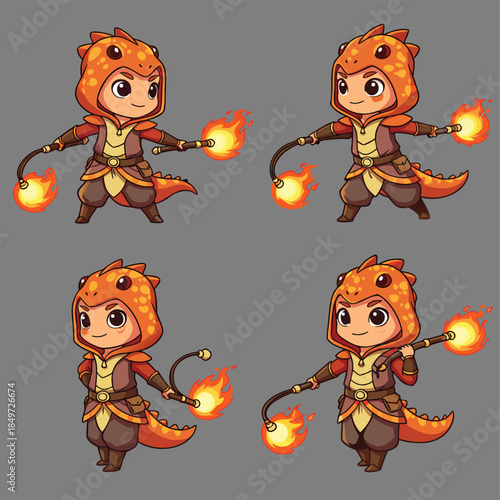 Cute Dinosaur Character with Fire Whips.