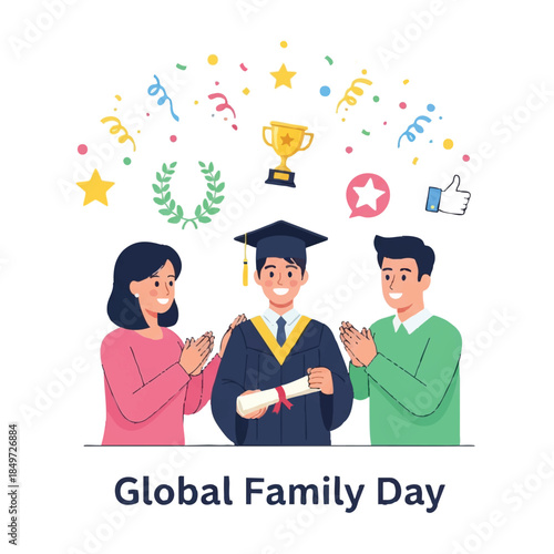 Illustration of a graduation ceremony with a student in a cap and gown receiving a diploma, surrounded by confetti and applauding family members in a colorful and celebratory scene.