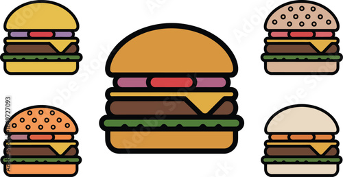 Set of delicious hamburgers, cheeseburgers with bun, patty, cheese, lettuce, tomato and onion isolated on transparent background vector