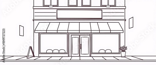 Simple line drawing of a storefront building with a sign, shop, products