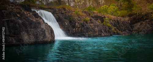 Scenic view of a beautiful Tad Faed waterfall. Laos landscape. Panorama