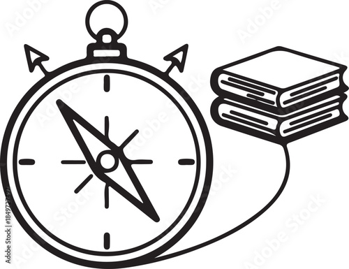 Vector Icon of Compass and Books – Symbolic Navigation and Learning Concept for Education, Knowledge, and Exploration