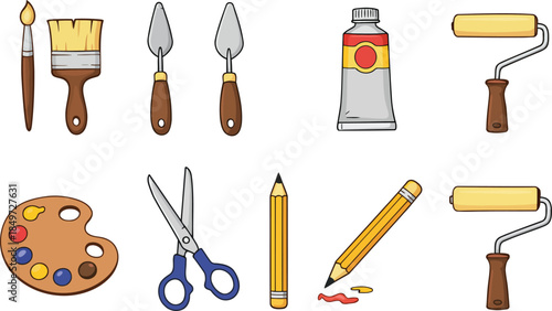 Art Supplies Collection: An assortment of art tools, each meticulously designed for artistic expression, are displayed in a clean and organized arrangement.