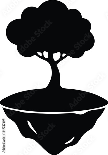 Stylized graphic of a single resilient tree rooted on a distinctively shaped floating island, representing isolated natural growth and environmental connection