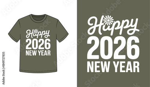 Festive 2026 New Year apparel design featuring minimalist flower icons and text