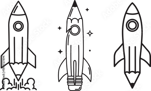 Creative Rocket Icon Set – Launch, Pencil Rocket, Classic Spacecraft for Education and Innovation