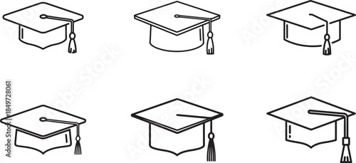 Graduation Cap Variations – Academic Achievement, Education Symbols, Tassel Styles in Minimal Line Art