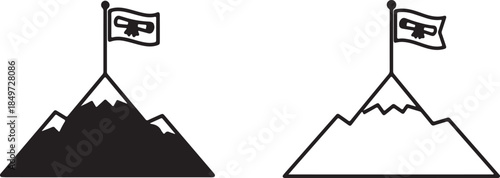 Mountain Peak with Flag Icon – Achievement, Goal, Success, Climbing Symbol in Minimal Line Art Style