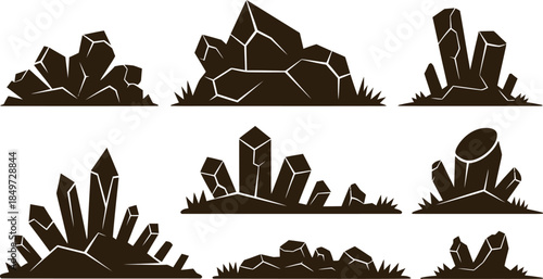 Rocks and Crystals Silhouette Vector Set, Stones, Minerals, Gems, and Geological Elements Collection