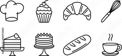 Hand Drawn Bakery and Pastry Icons Set with Chef Hat, Cake, Bread and Coffee Vector Illustration