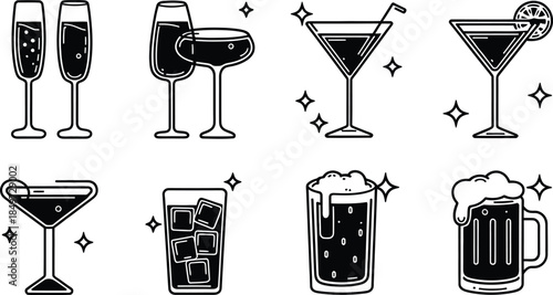 Collection of Alcohol Drink Glass Icons Vector Illustration