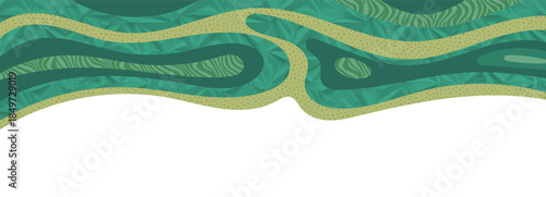 Abstract agricultural field landscape banner background. Nature, ecology, organic, environment vector illustration. Web banner or template of clean green environment. Countryside with colorful texture