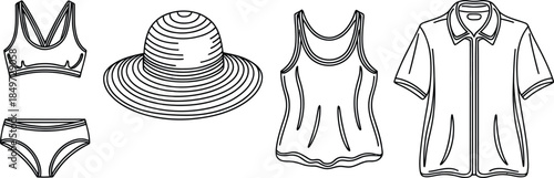 Summer Beach Clothing and Accessories Line Art Set Vector Illustration