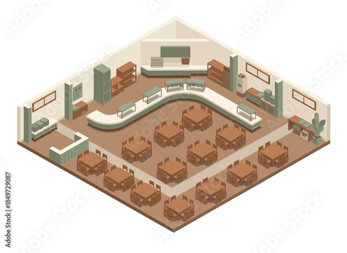 Modern cafe interior with wooden tables and green accents