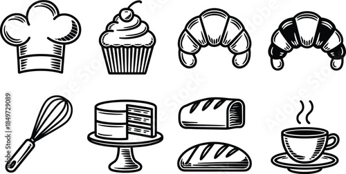 Hand Drawn Bakery and Pastry Icons Set with Chef Hat, Cake, Bread and Coffee Vector Illustration