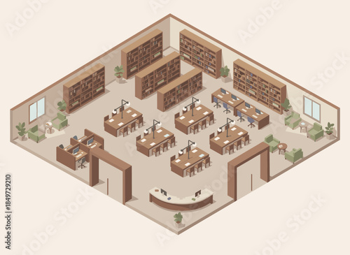 Modern office interior with desks, chairs, and bookshelves