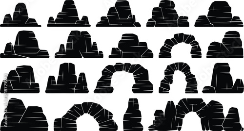Rock Stone Silhouette Set, Mountain Boulder Cliff Cave and Arch Vector Icons, Nature Landscape Elements Collection