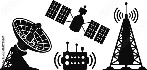 Satellite and Antenna Icons Vector Set, Space Communication, Radar Dish, Radio Tower and Wireless Signal Silhouette Collection
