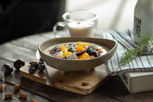 Mixed fruits and berry in the fresh milk for breakfast time
