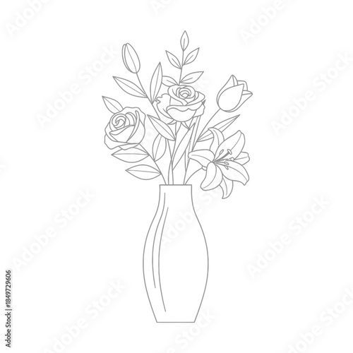Elegant minimalist line drawing of a floral bouquet in a slender vase for art and decor