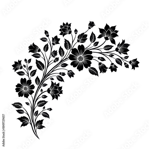 Elegant black floral silhouette with intricate garden foliage and blooming flowers in a stylized
