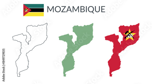 Mozambique geographical borders isolated on white background. Flag of Mozambique. Vector flat cliparts.