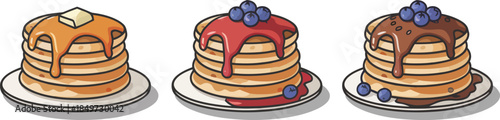 Stack of fluffy pancakes with syrup butter blueberries and chocolate sauce on white plates vector art