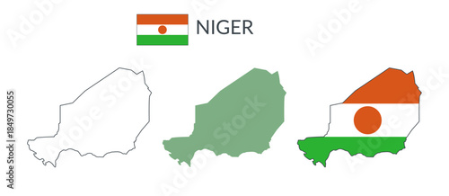 Niger geographical borders isolated on white background. Flag of Niger. Vector flat cliparts.